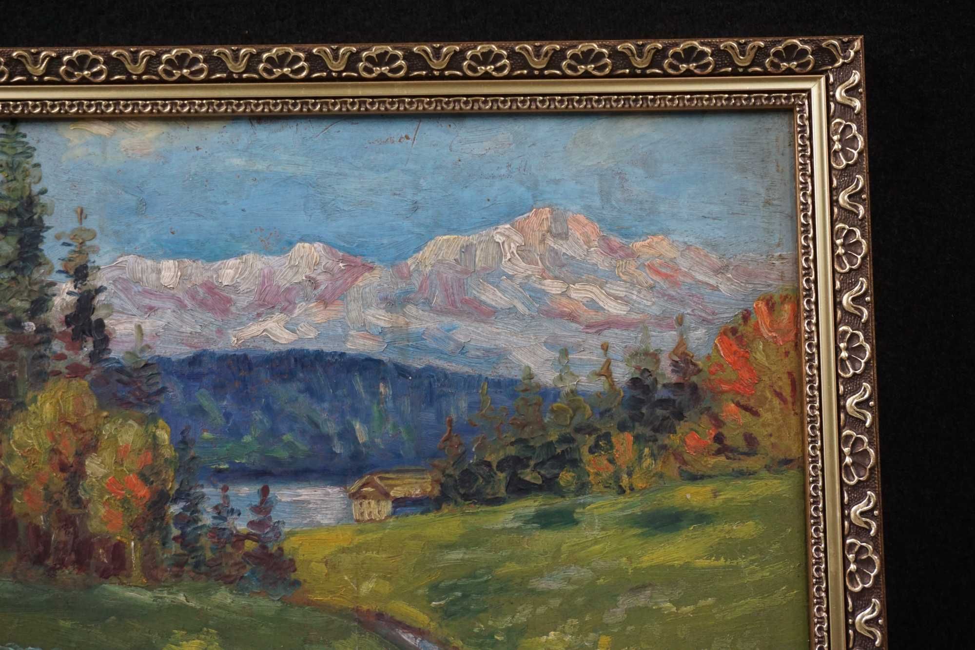 Stary obraz  pejzaż górski jezioro lasy olej góry