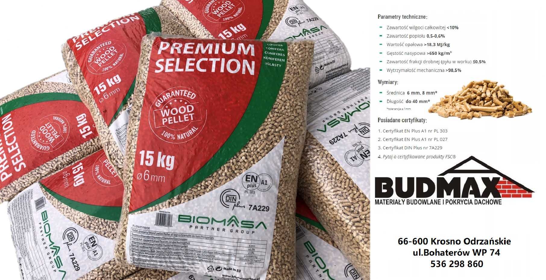 PELLET wysokokaloryczny biomasa premium selection 15kg/975kg paleta