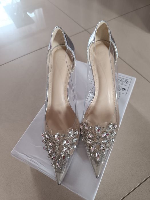 Szpilki buty damskie transparentne srebrne roz 40
