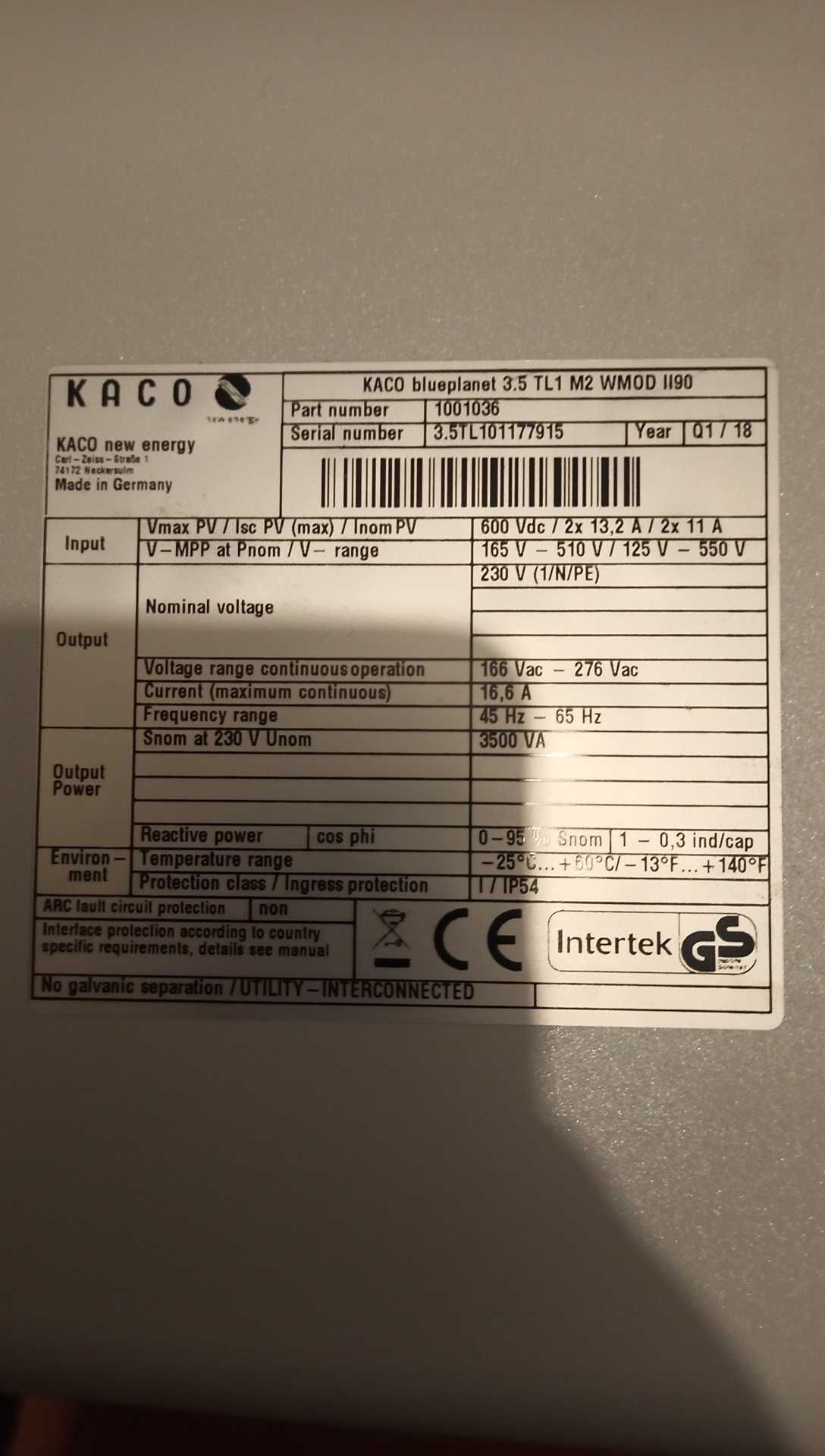 Inversor "Kaco Blueplanet 3.5 TL"