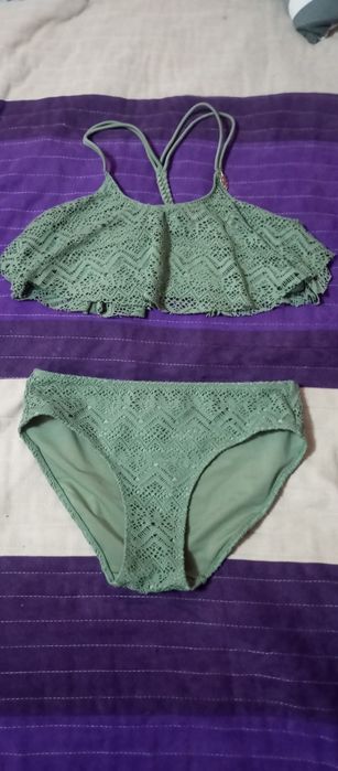Strój kąpielowy oliwkowy falbanka koronka xs/s Hm