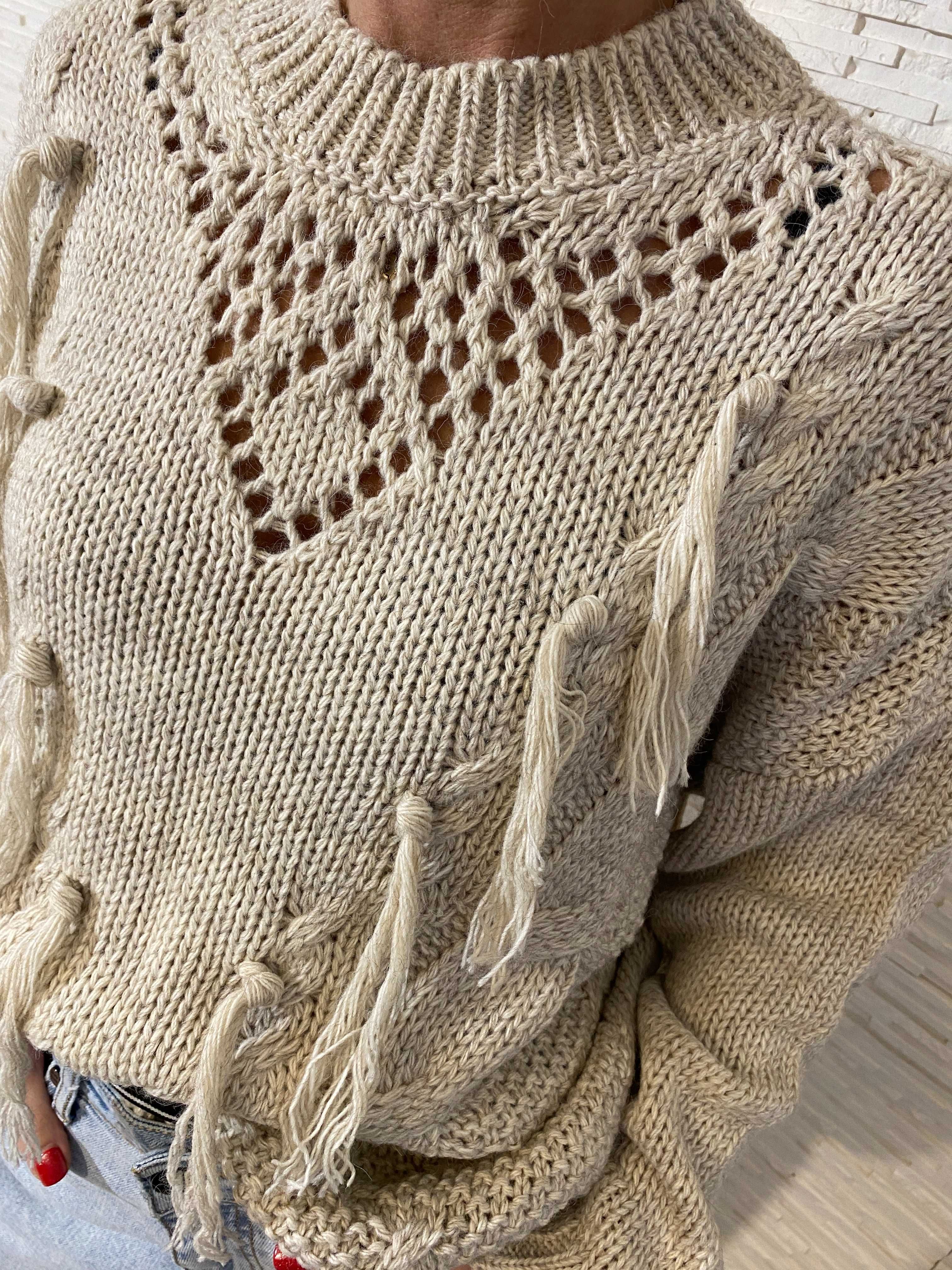 Project runway lemonada nowy beż sweter z frędzlami ażur uni