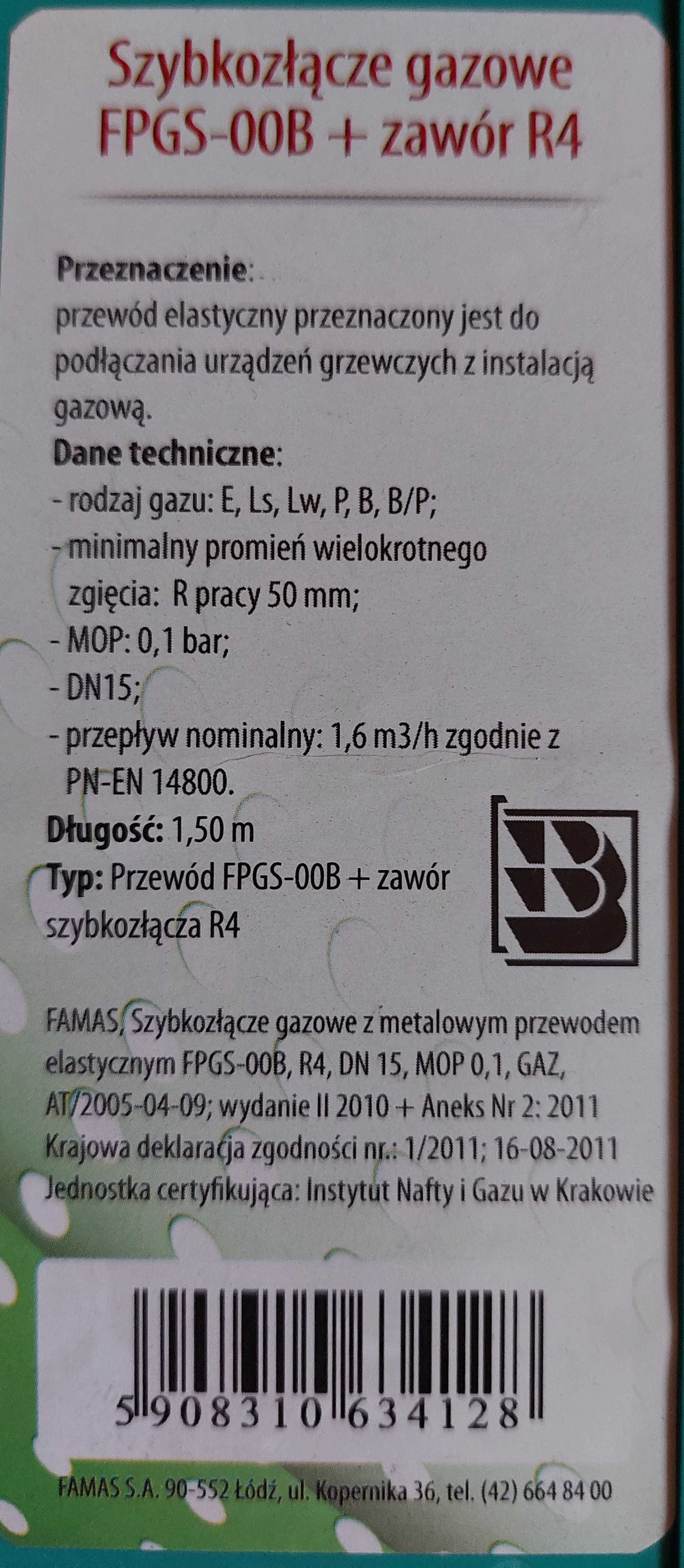 Szybkozłącze gazowe z zaworem R4 firmy Famas, długość 150 cm (nowe)