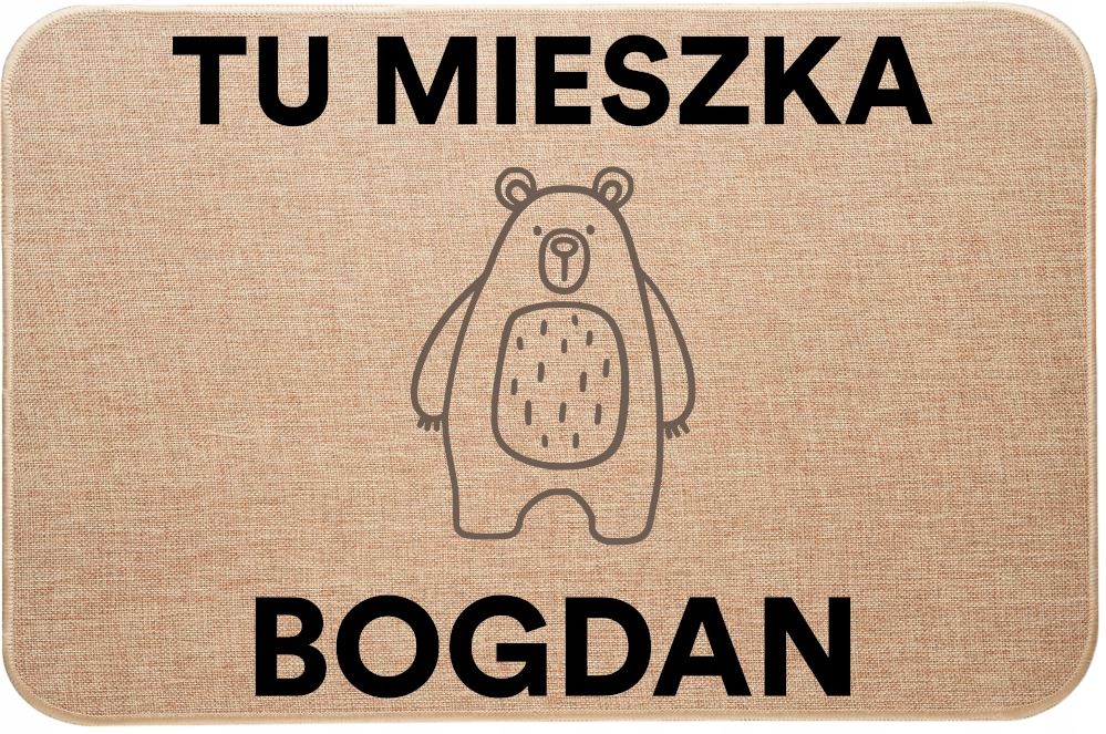 Wycieraczka lniana zabawny nadruk TU MIESZKA (Miś) + Twoje Imię