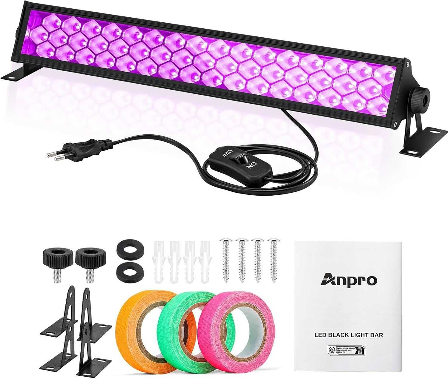 Anpro 72 W, czarne światło LED, 48 diod LED, z taśmą fluorescencyjną