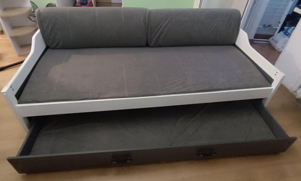 Łóżko wysuwane Dawid 90x200 z materacem i szufladą-białe/grafit