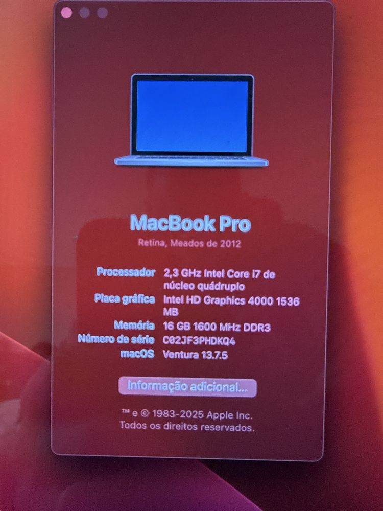 Macbook pro 15 polegadas 2012 retina 256g. 16gb