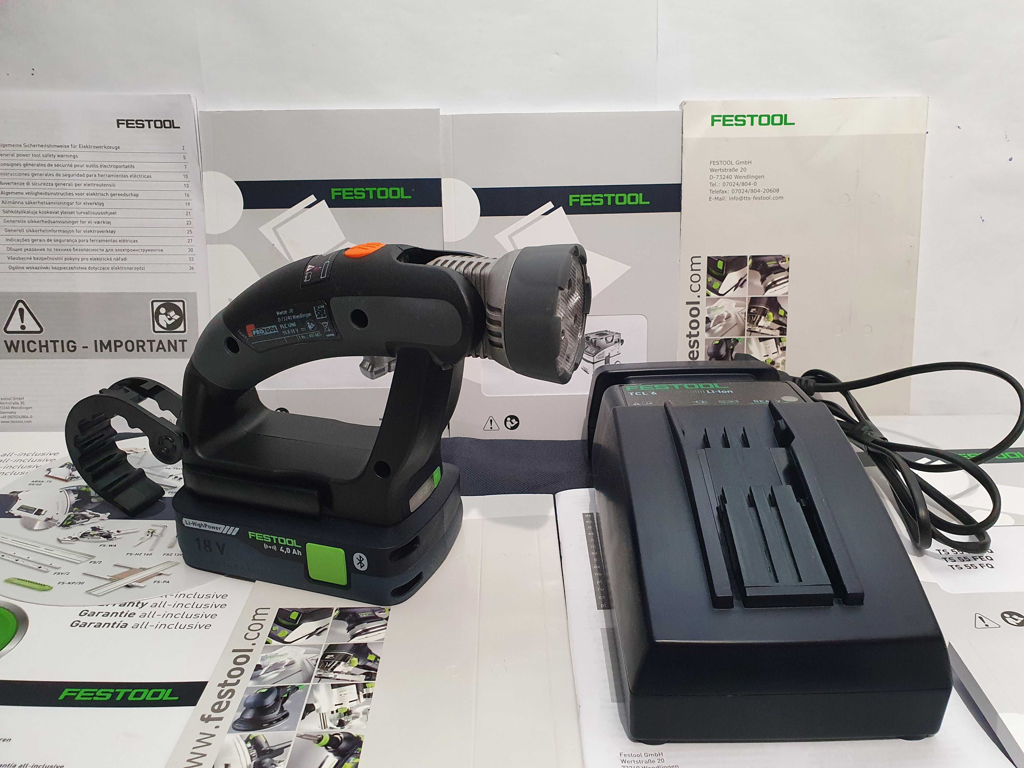 Duzy zestaw Protool Festool latarka FLC UNI,bateria 18v 4ah, ladowarka