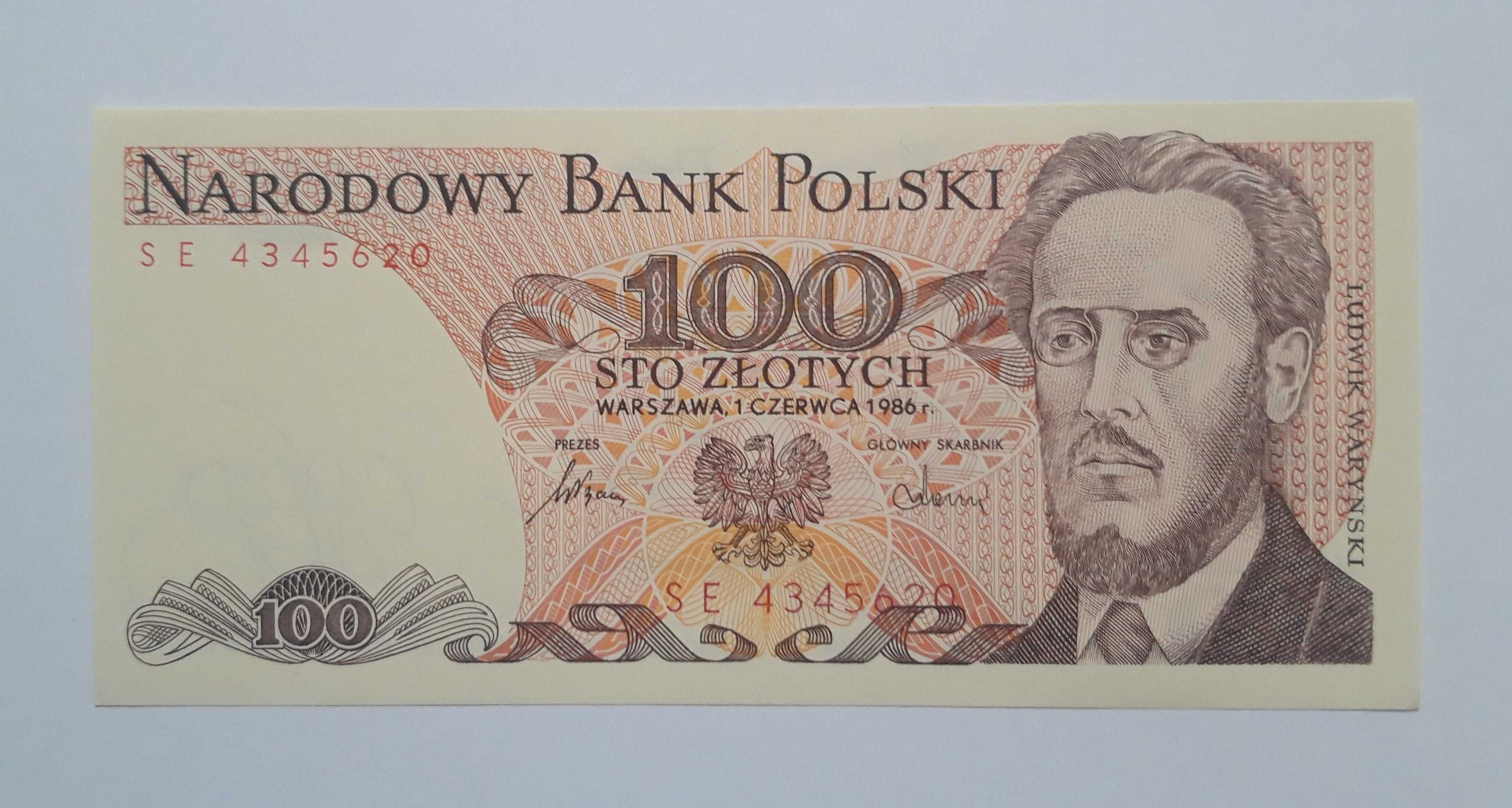 Banknot 100 złotych 1986 Ludwik Waryński UNC seria SE
