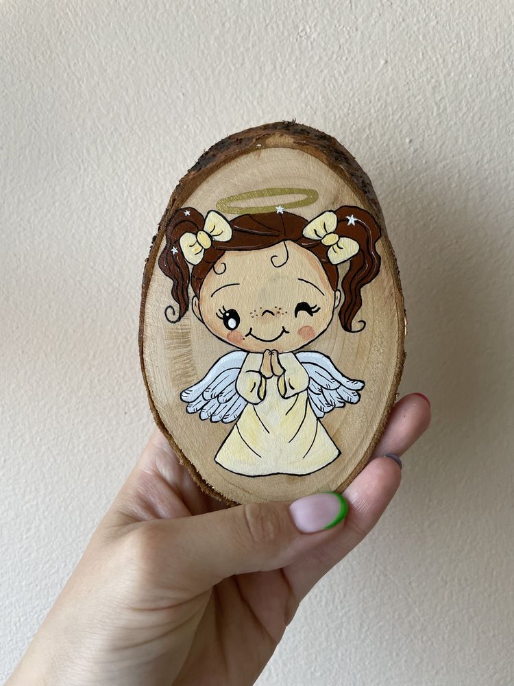 Obrazek malowany na drewienku aniołek pamiątka chrztu prezent na urodz