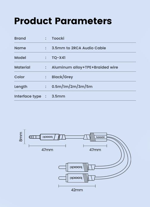 Аудіо Кабель AUX Jack 3.5mm/ 2 RCA, Стерео HI-FI Високоякісний шнур