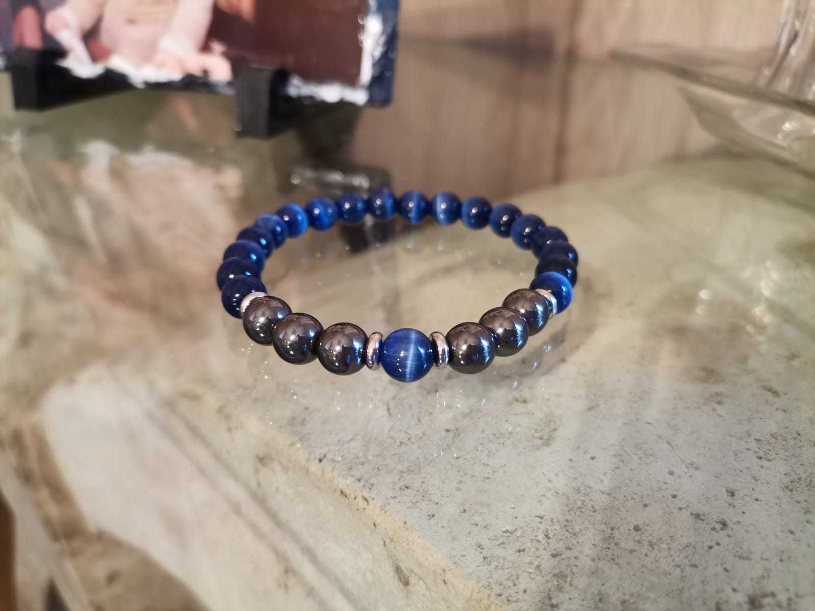 Pulseira Olho Tigre Azul & Hematita & Branco Howlita & Olho Turco
