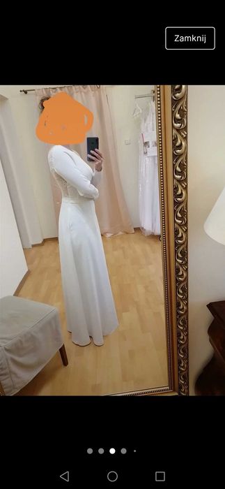 Piękna,skromna, klasyczna suknia ślubna z długim rękawem i kieszeniami