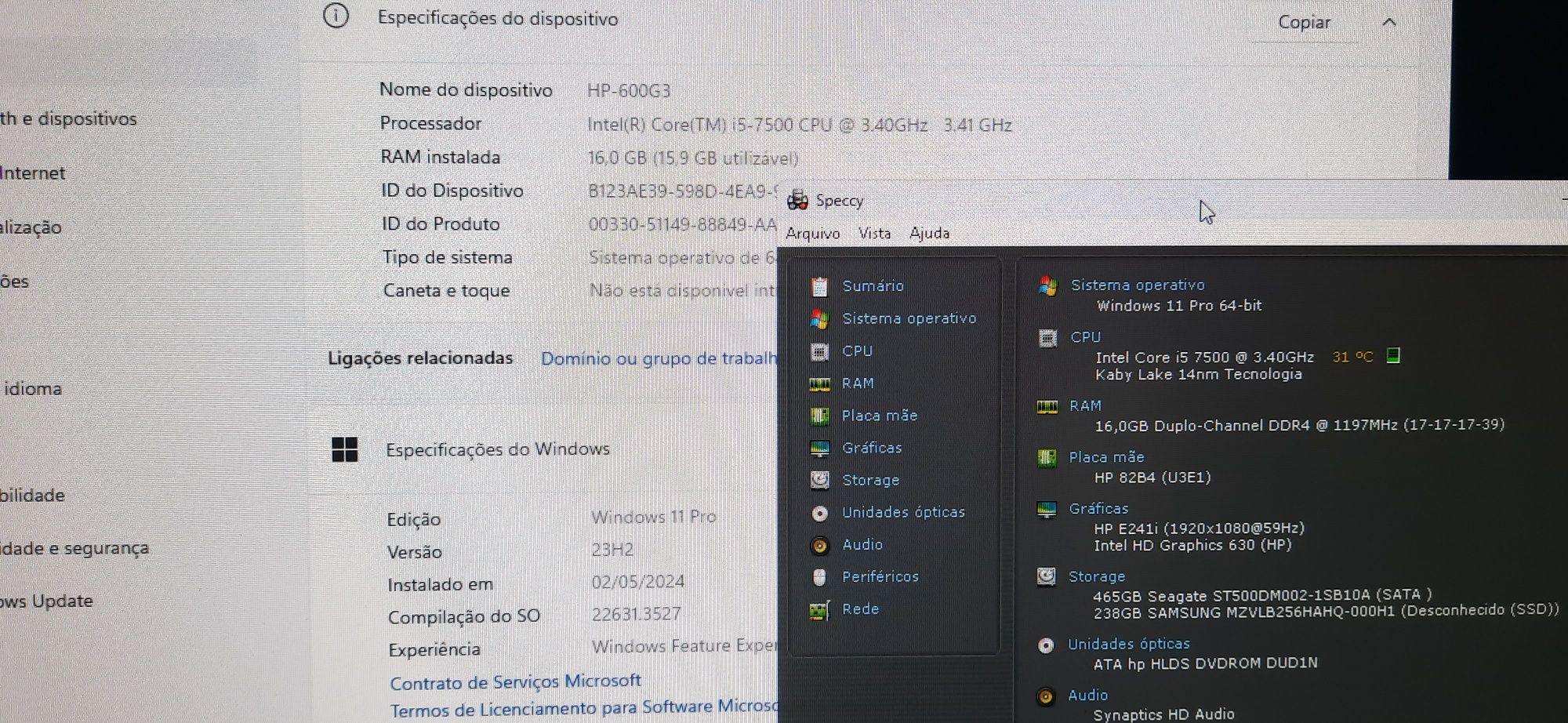 Pç HP 600G3 7ªG|i5.7500-3.4G|16G-Ram|NVMe256G+HD500G|VGA/DP|TPM2.0|W11