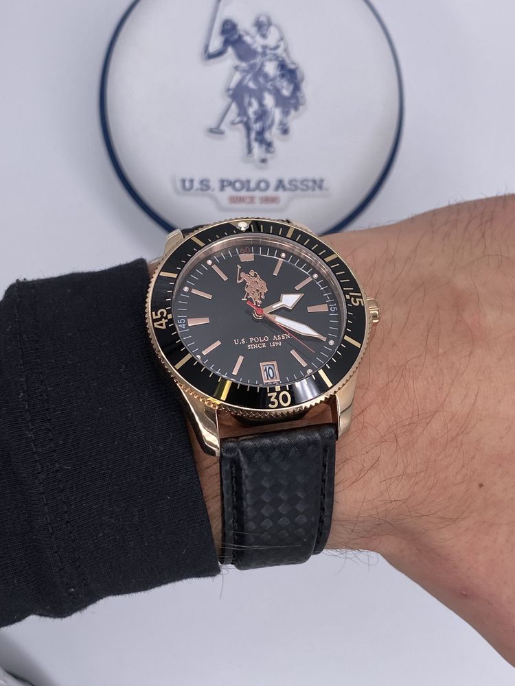Oryginalny Zegarek męski  U.S. Polo Assn złoty klasyczny czarny pasek