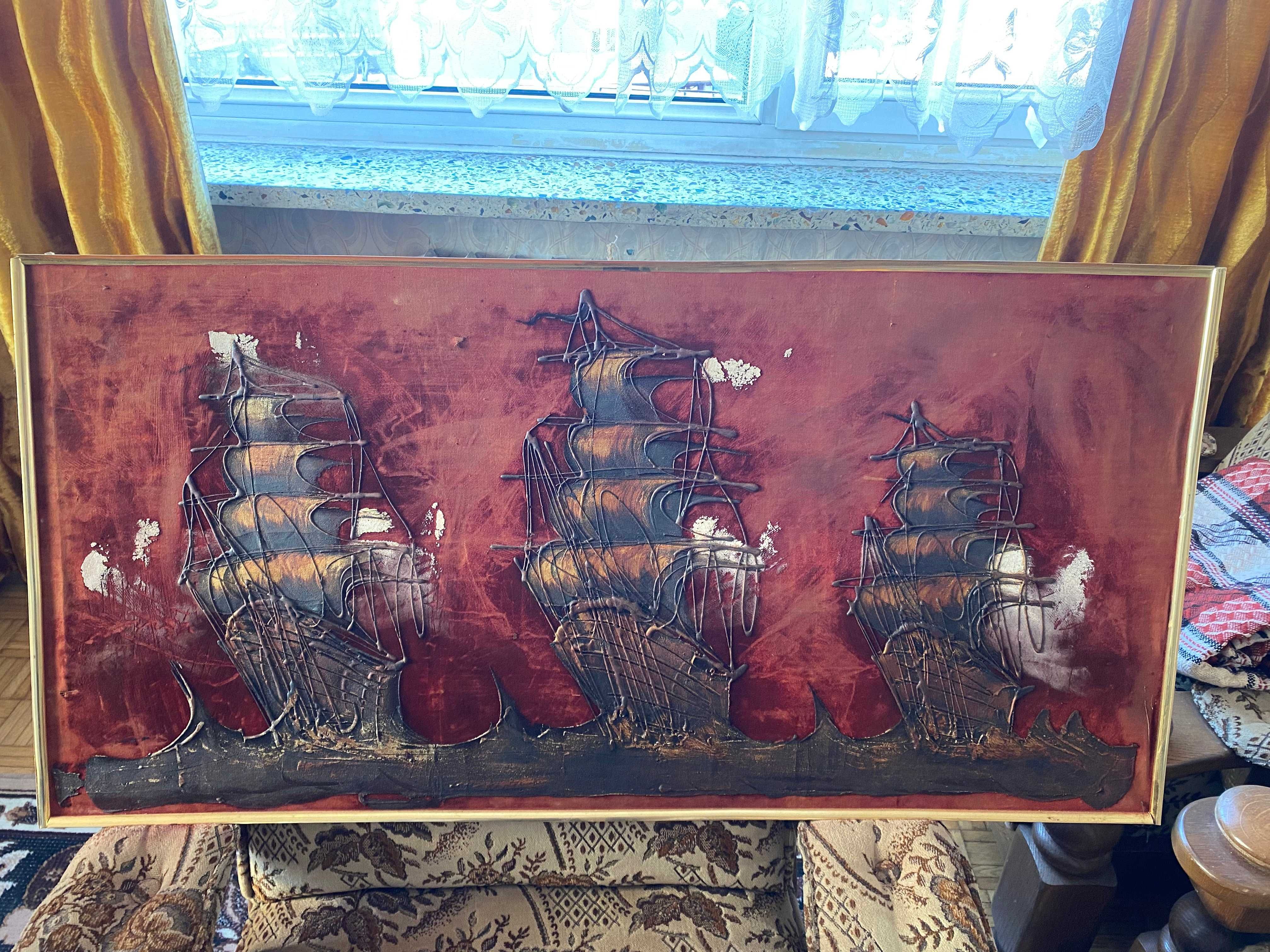 Duży obraz 3 statki welur 3D 115,5cmx55cm