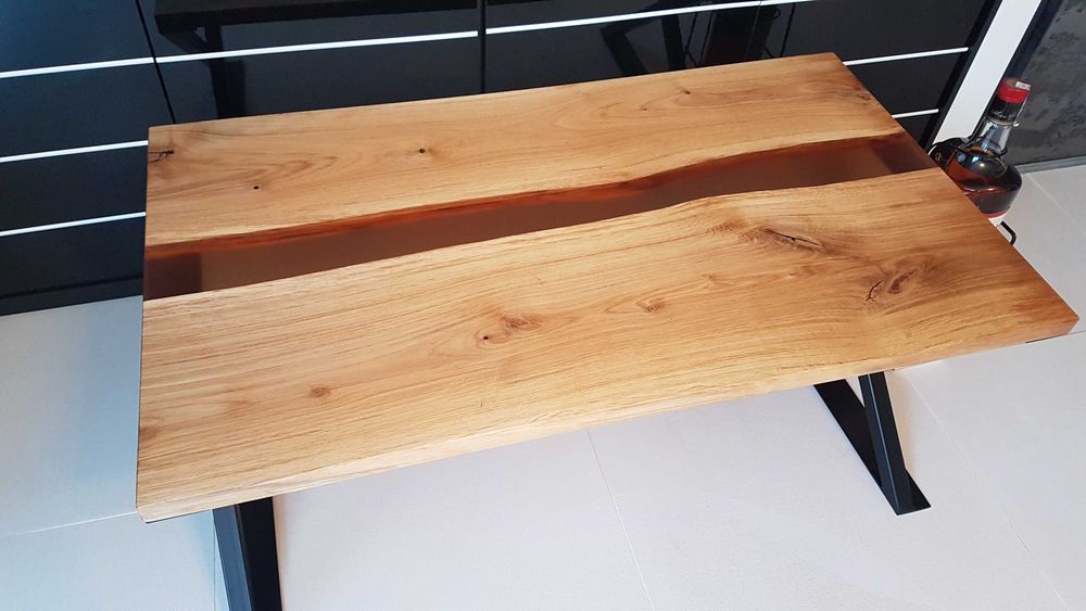 Stolik kawowy, dębowy, stolik żywica - rzeka