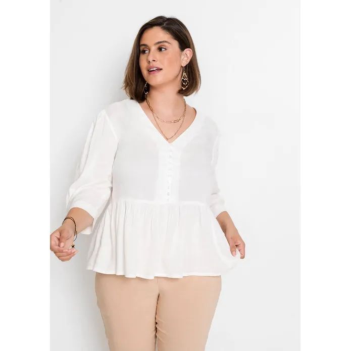 Bonprix Elegancka Biała Bluzka Bufiasta Falbany Guziki 46