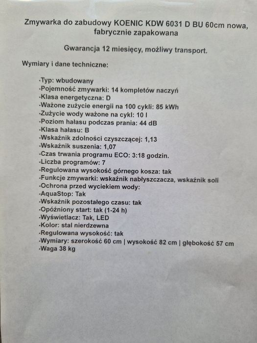 Zmywarka do niepełnej zabudowy KOENIC KDW6031D BU 60 cm