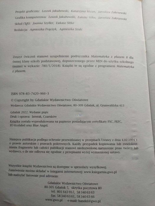2 ćwiczenia - częściowo używane! czyste, nieużywane! GWO matematyka 8,