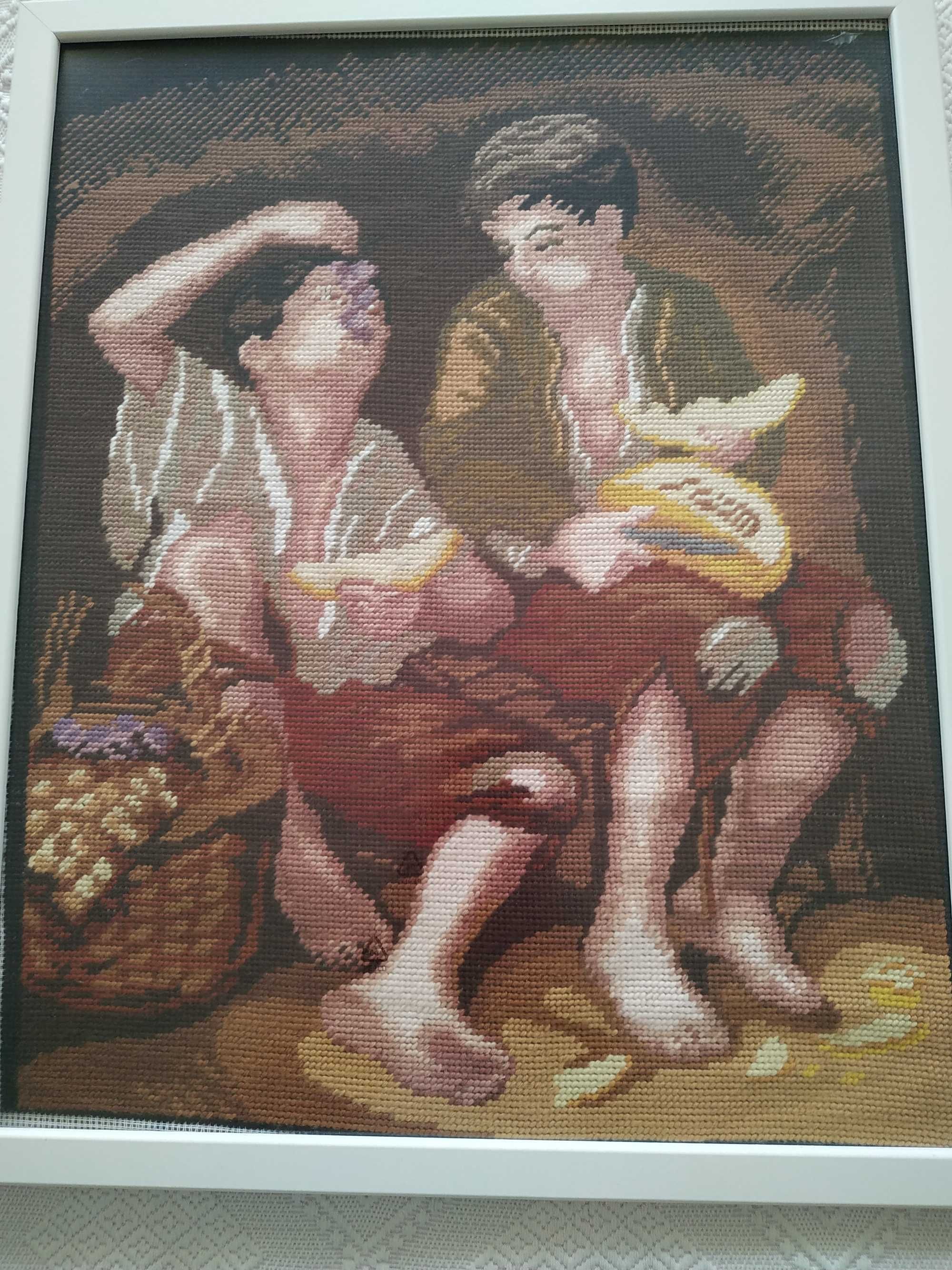 Quadro "crianças a comer fruta" - em algodão feito à mão em meio ponto