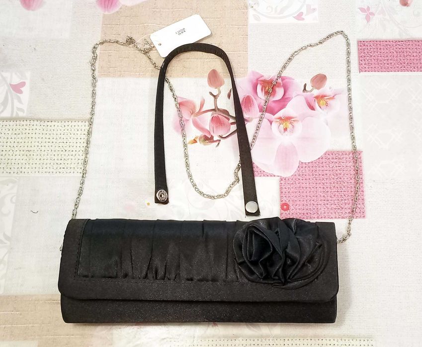 Клатч женский черный с черной розой на цепочке или ремешке
