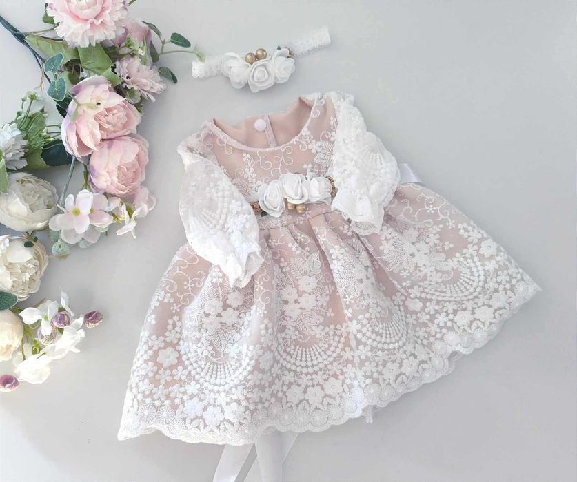 Sukienka dla dziewczynki na chrzest pasek i opaska rozmiar 56 / 62