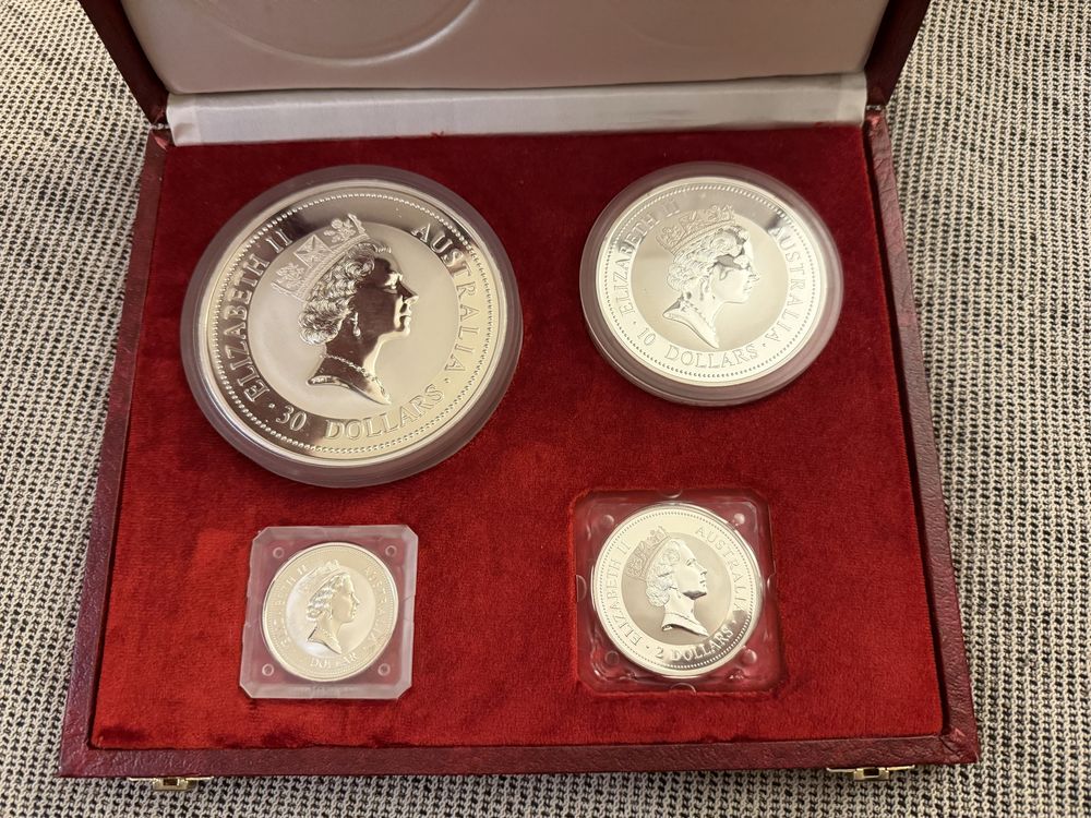Estojo 4 moedas kookaburra 1997 prata fina (1 kilo, 10 oz, 2 oz, 1 oz)