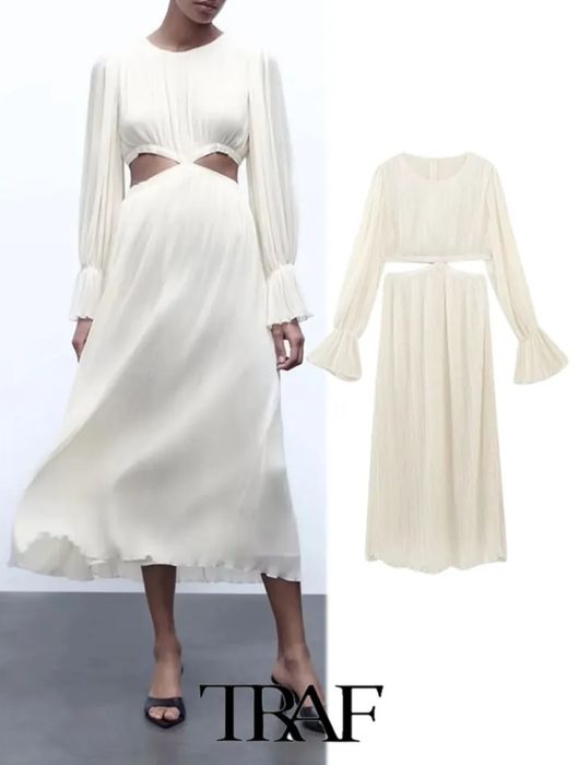 Zara Dress Traf 2023. Cintura recortada, alargamento de manga plissada