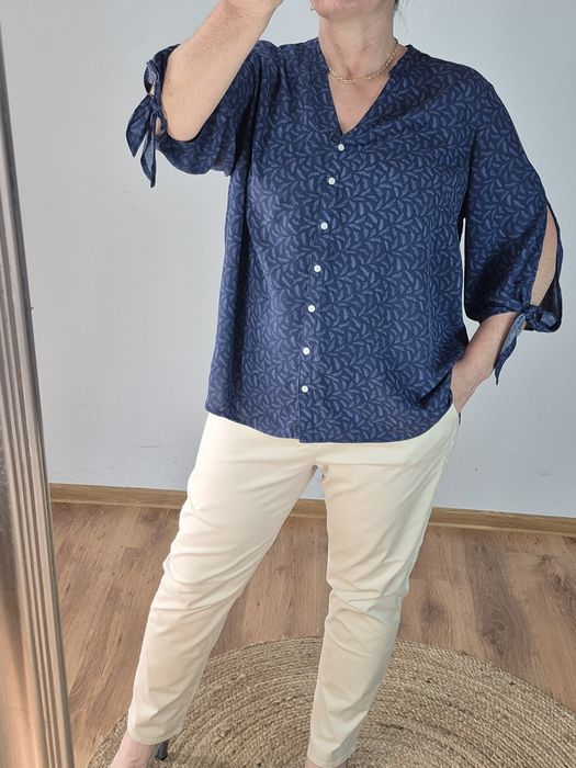 Granatowa koszula wiskozowa XL z wiązanymi rękawami oversize lekka ele