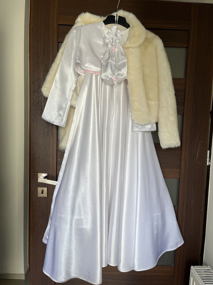 Zestaw: sukienka komunijna (alba), bolerko, torebeczka i futerko