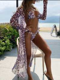 Komplet bikini i szlafrok strój kąpielowy motyw leopard