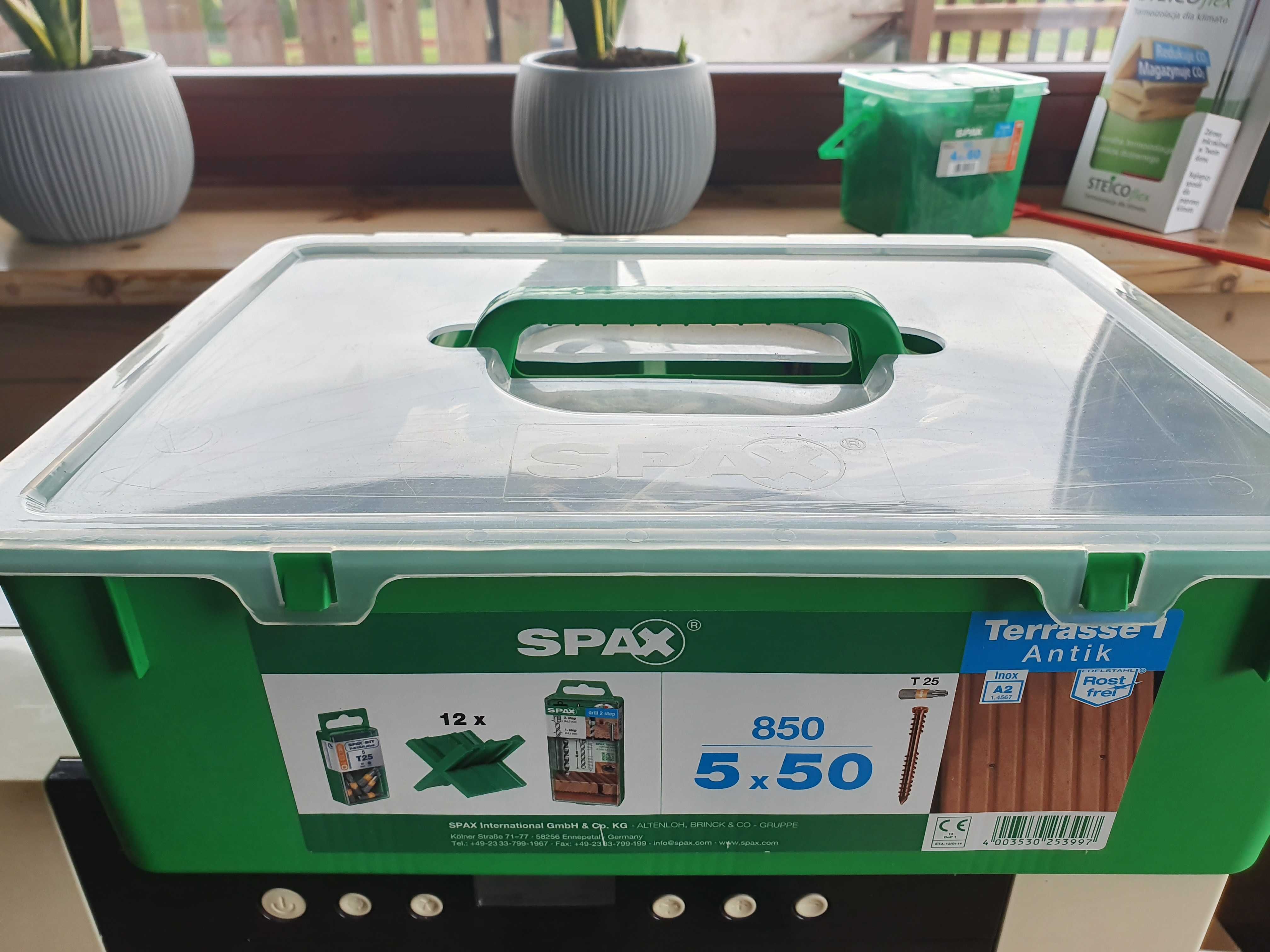 SPAX D 5x50  850szt  A2 stare złoto greenbox wiertło + bit+ dystanse