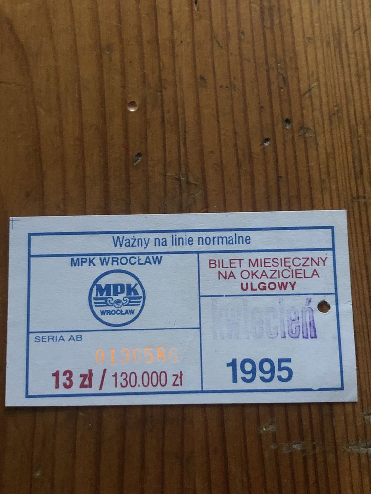 Bilet miesięczny na okaziciela MPK Wrocław1995