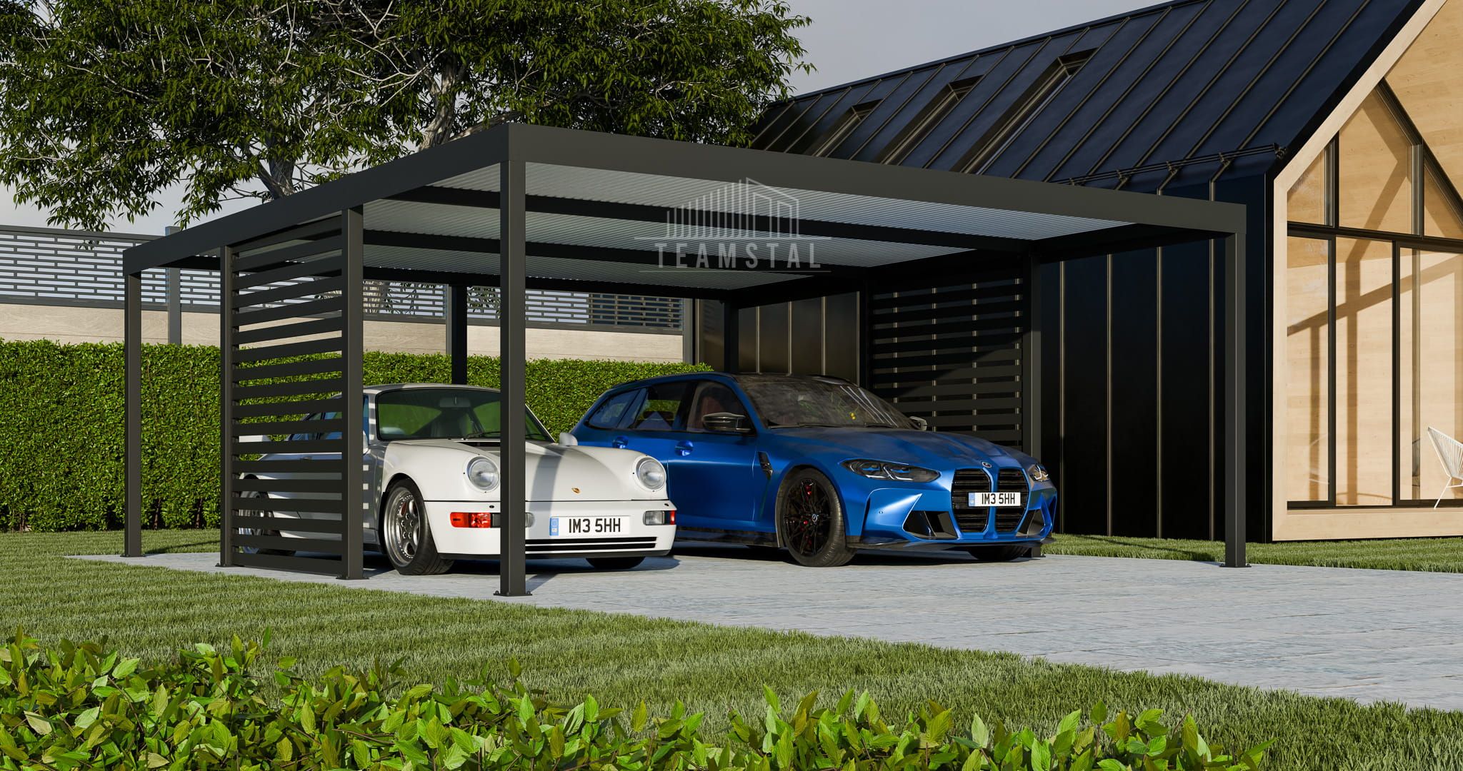 CarPort PREMIUM - Wiata samochodowa 6x5 Antracyt Zabudowa - TS1036