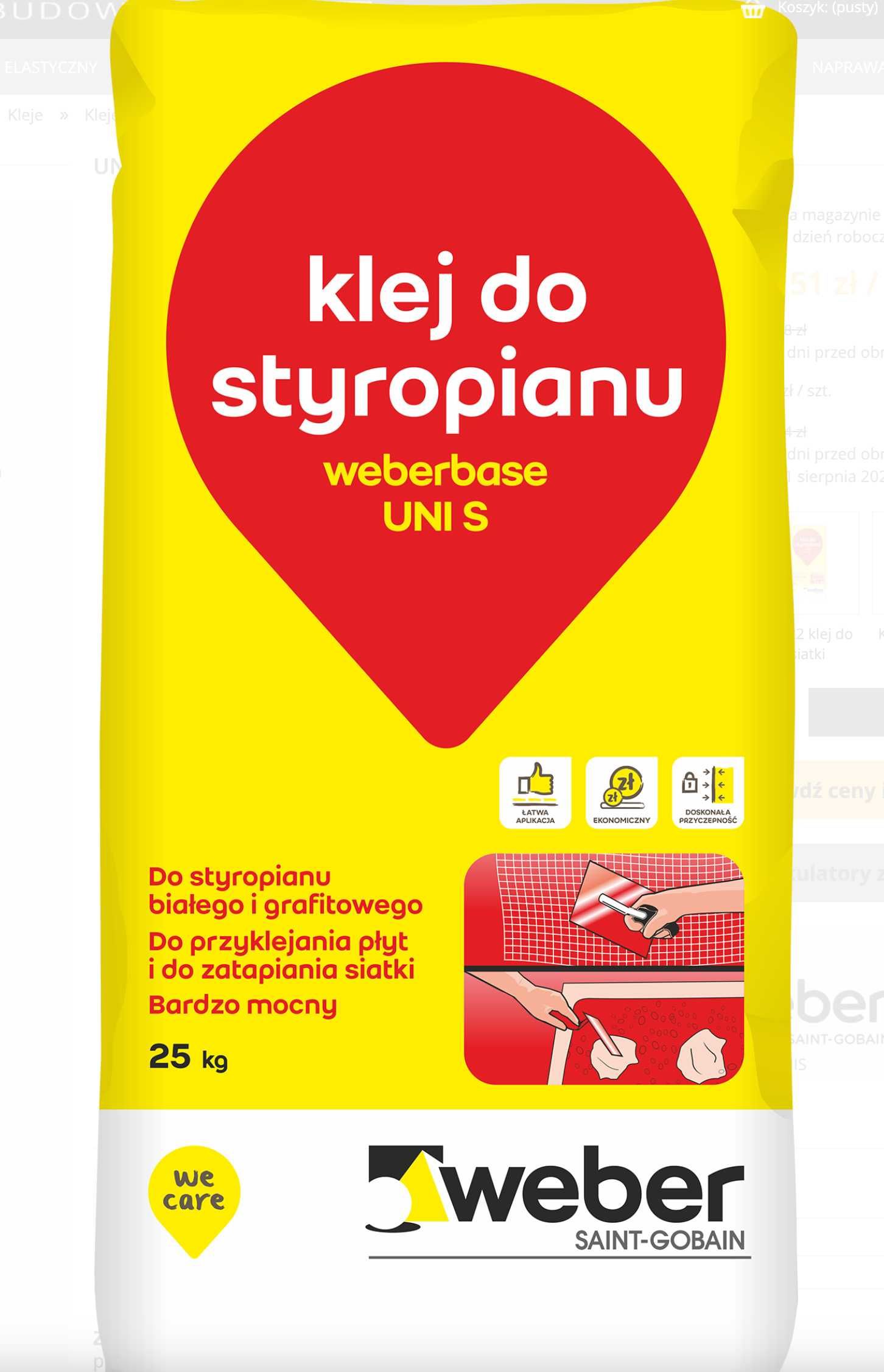 Klej do styropianu weberbase UNI-S 25 kg, nowy, 70% ceny standardowej.