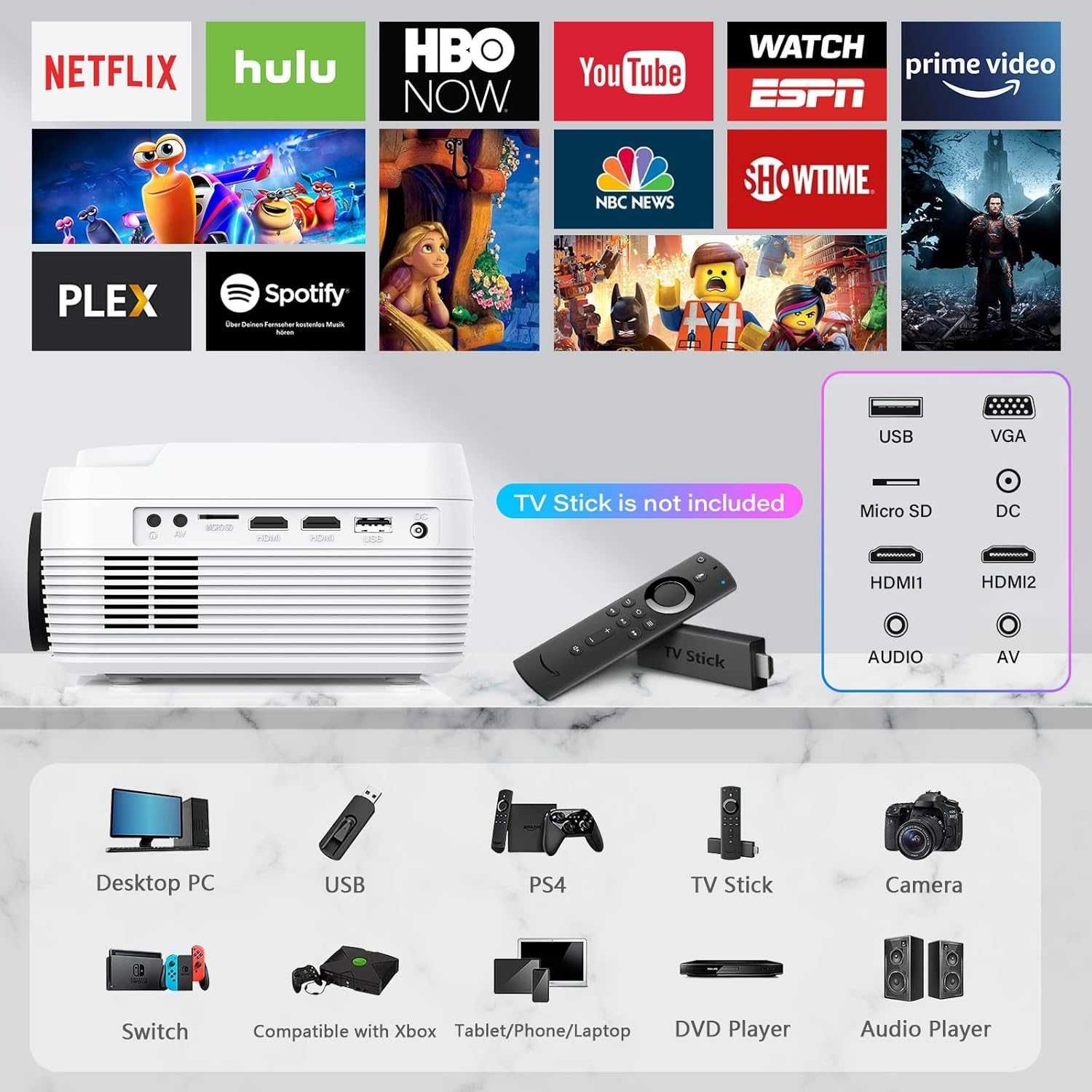 Projektor Full HD Bluetooth Wbudowany odtwarzacz DVD, 12000LM 1080P