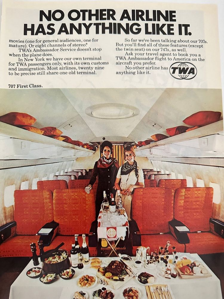 Anúncio Vintage TWA Primeira Classe - 1970s