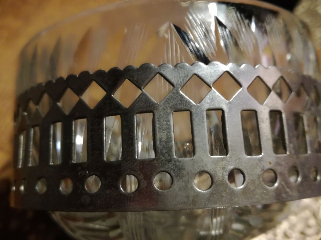 cukiernica prl szkło szlifowane metalowy koszyczek
