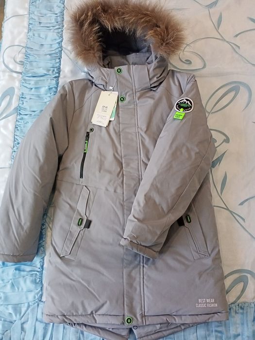 Куртка-пальто сіре з хутровою опушкою 2 розміри