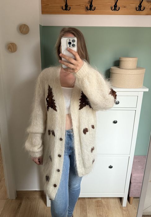Długi włochaty sweter kardigan kremowy z brązem L XL XXL