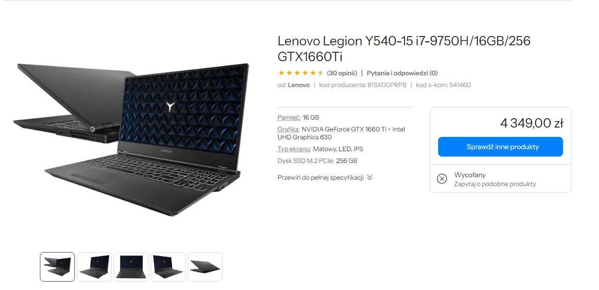 Lenovo Legion Y540-15 i7-9750H/16GB/256 GTX1660Ti