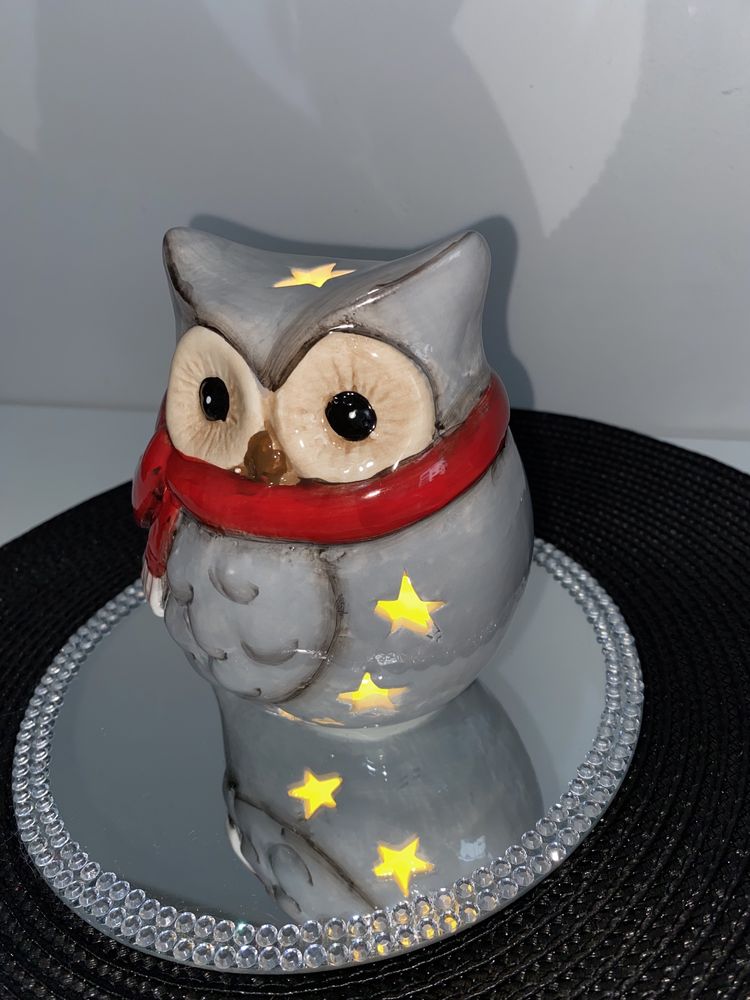 Nowa figurka led ledowa sowa ceramiczna szara dekoracja świąteczna