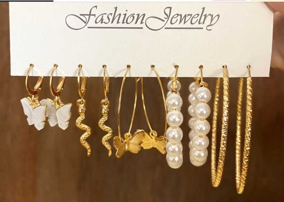 Комплект 5 пар сережки метелики бабочки перли кільця змія