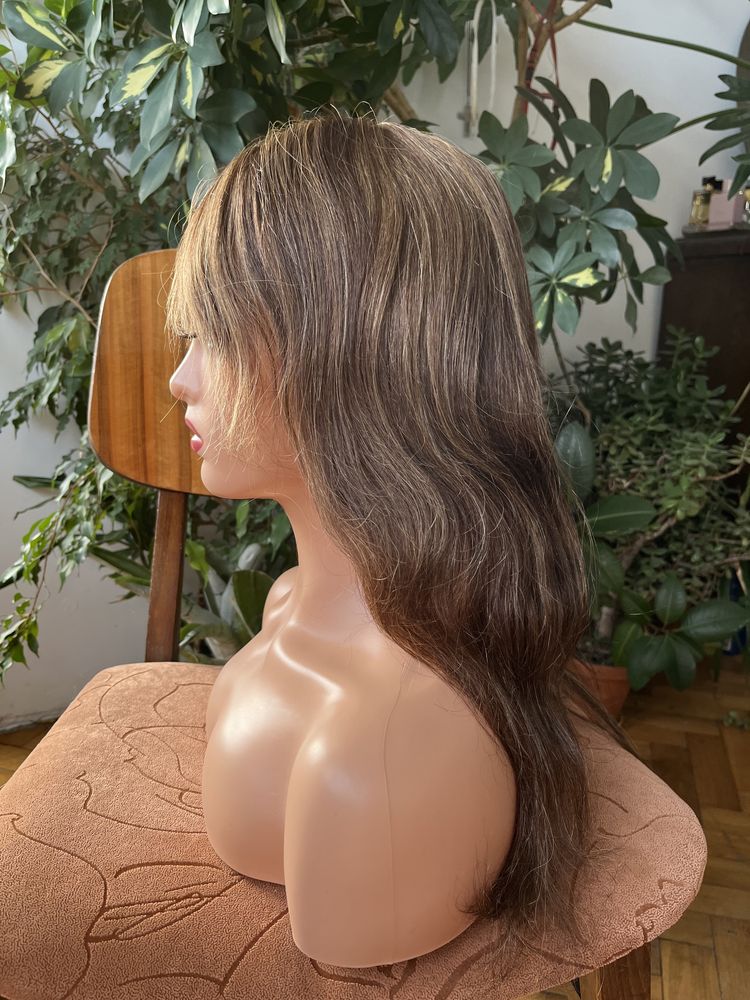 Peruka włosy naturalne z grzywka długa brązowa