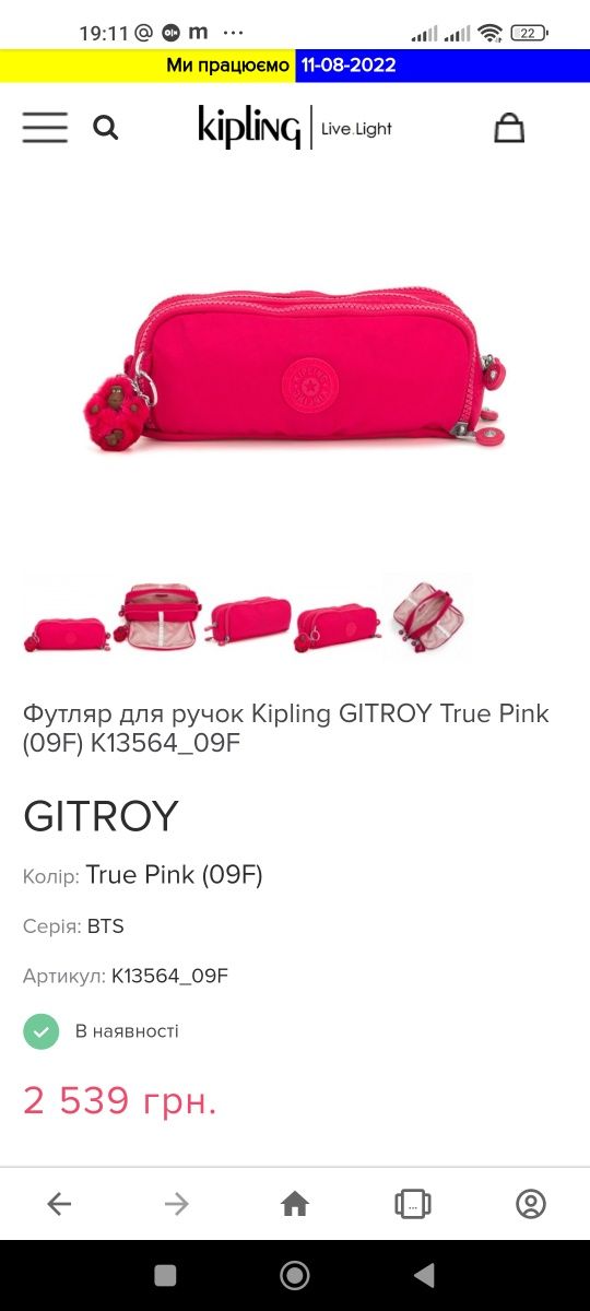 Kipling Gitroy Strawberry Ice C
Пенал с обезьянкой Kipling бибизянка