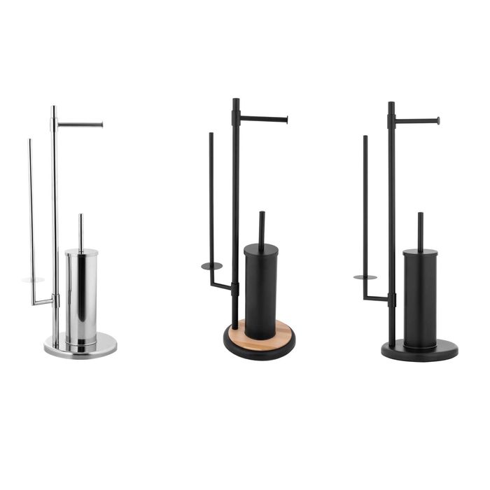 Stojak na papier toaletowy szczotka WC + uchwyt Czarny Bambus Chrom