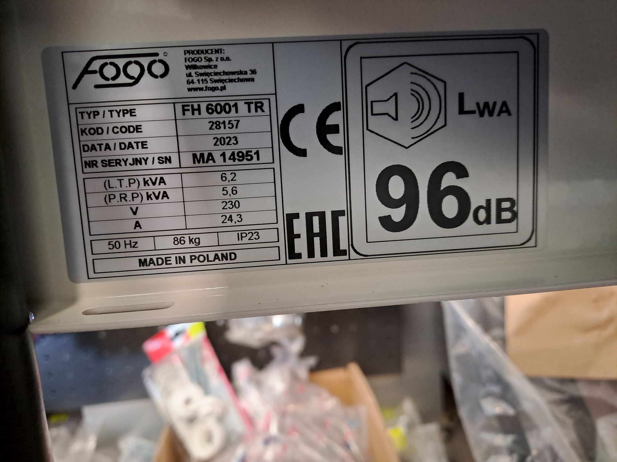 Agregat Prądotwórczy FOGO FH 6001 TR 230V 6.2 KW, NOWY