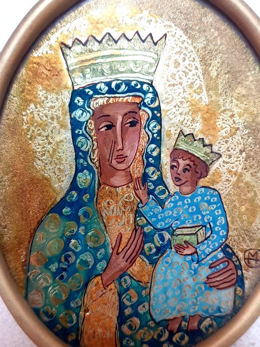 Linda pintura reversa sobre vidro "Nossa Senhora com o Menino"