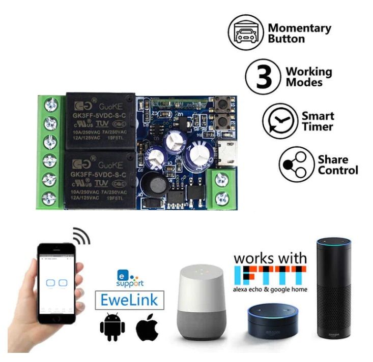 Przekaźniki 2CH eWeLink Wifi + RF 2,4Ghz 7-48V USB
